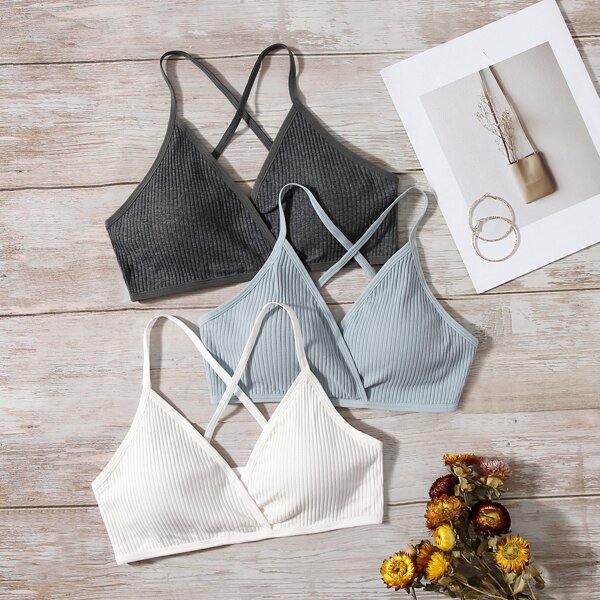 

3pack Rib Cross Back Bra Set, Multicolor