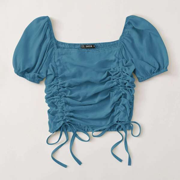 

Shirred Back Drawstring Ruched Crop Top, Teal blue
