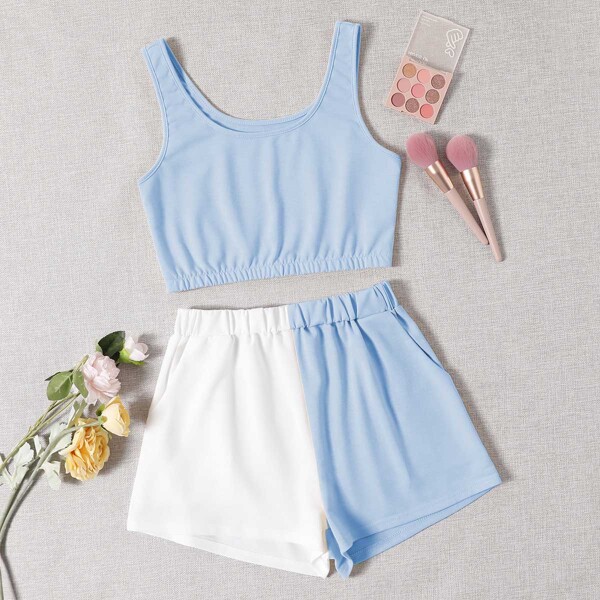 

Scoop Neck Tank Top & Spliced Shorts, Multicolor