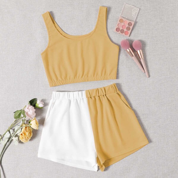 

Scoop Neck Tank Top & Spliced Shorts, Multicolor