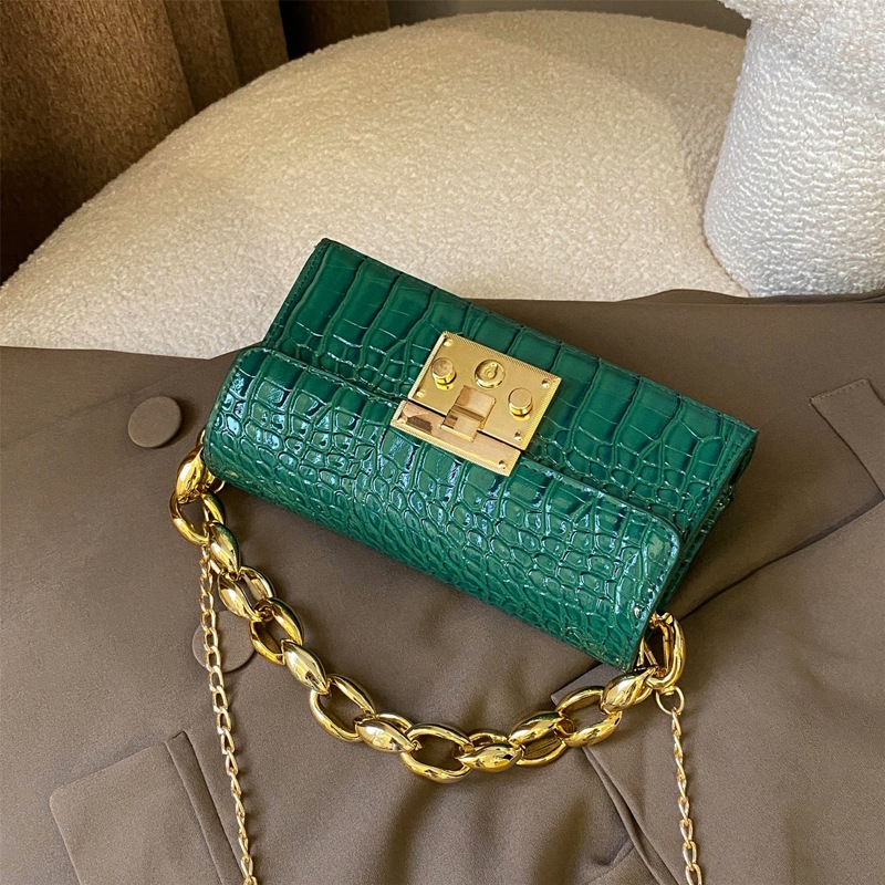 

Croc Embossed Chain Satchel Bag, Green