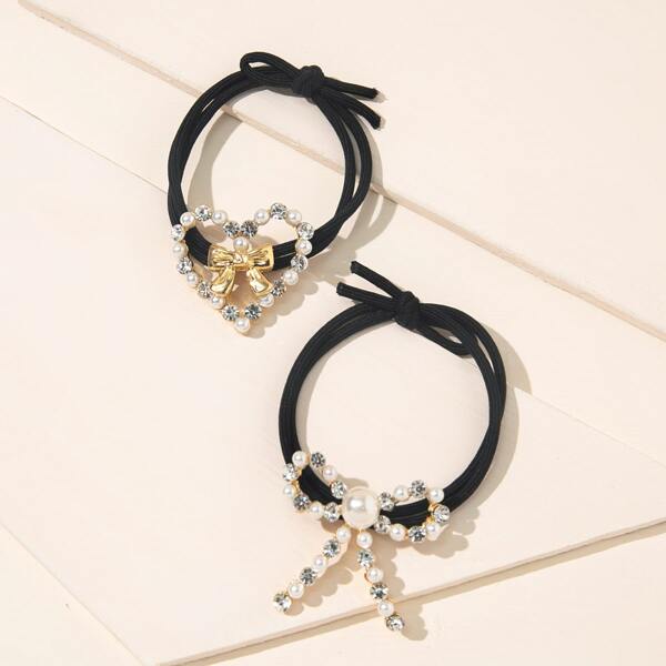 

2pcs Faux Pearl & Rhinestone Bow Decor Hair Tie, Multicolor