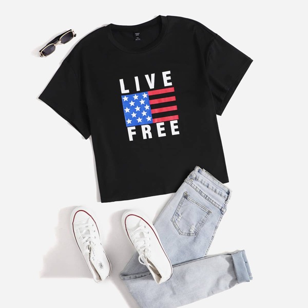 

Plus American Flag & Letter Graphic Tee, Black