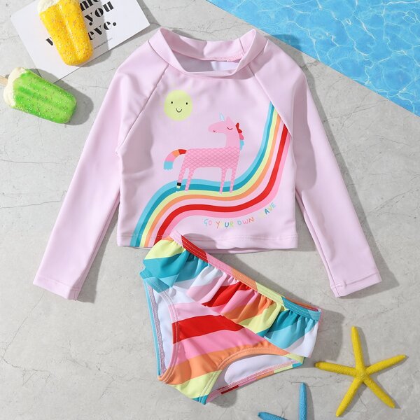 

Baby Girl Unicorn Print Ruffle Trim Bikini Swimsuit, Multicolor