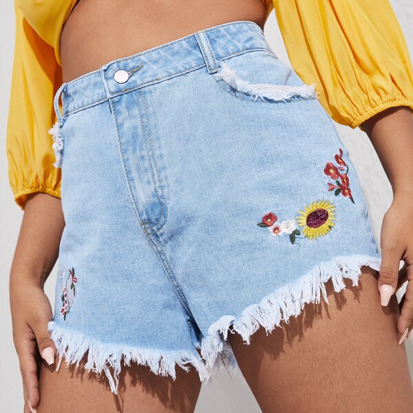 

Plus Flower Embroidery Raw Hem Denim Shorts, Medium wash