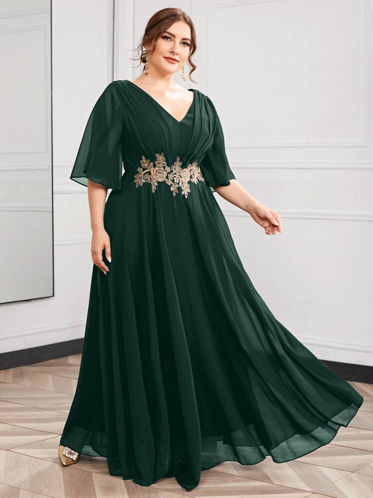 SHEIN Belle 大碼蝴蝶袖貼花超長舞會連衣裙 - 墨綠色 - 查看 4