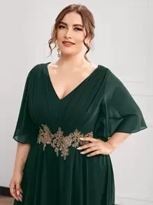 SHEIN Belle Plus Flounce Sleeve Appliques Maxi Prom Dress Elegant Formal Evening Wedding Guest Gown, For Graduation, Dinner, Christmas Party Dress - Dark Green - View 5