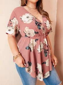 SHEIN LUNE Plus Floral Print Surplice Front Peplum Blouse Peplum Top - Pink - View 1