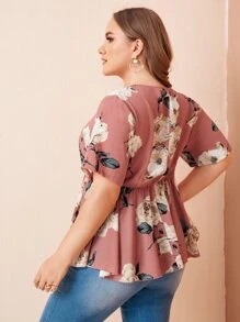 SHEIN LUNE Plus Floral Print Surplice Front Peplum Blouse Peplum Top - Pink - View 2