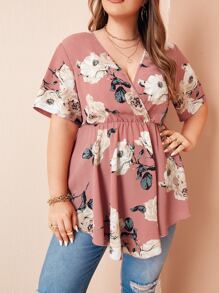 SHEIN LUNE Plus Floral Print Surplice Front Peplum Blouse Peplum Top - Pink - View 3
