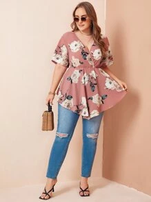 SHEIN LUNE Plus Floral Print Surplice Front Peplum Blouse Peplum Top - Pink - View 4