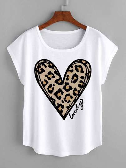 Camiseta con corazón & con estampado de letra de cuello redondo