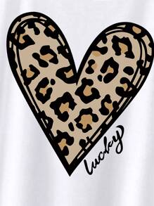 SHEIN LUNE Camiseta con corazón & con estampado de letra de cuello redondo - Blanco - Ver 4