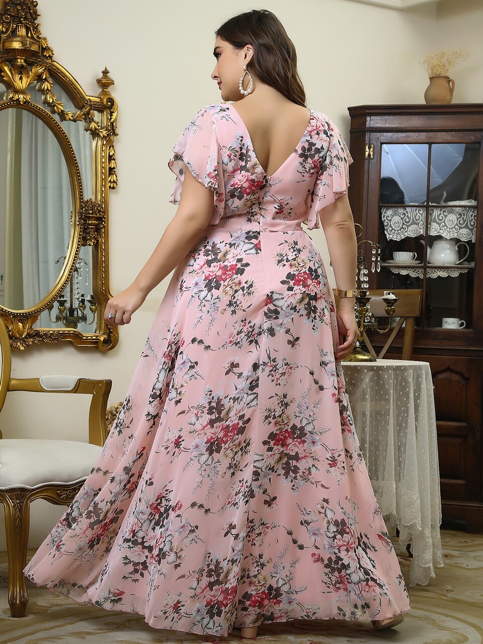 Plus Floral Print Butterfly Sleeve Maxi Chiffon Dress