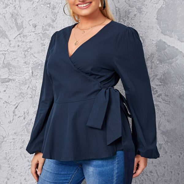 

Plus Surplice Neck Wrap Tie Side Top, Navy blue
