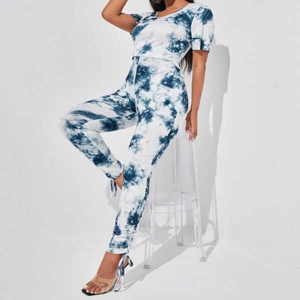 

Plus Solid Drawstring Hem Jumpsuit, Multicolor