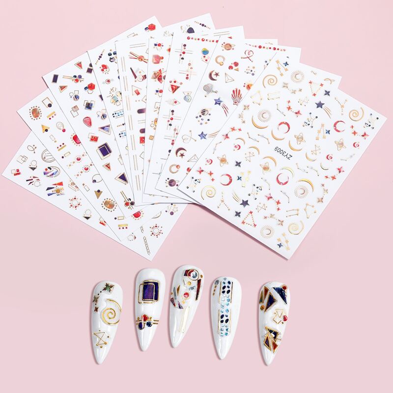 

9sheets Geometric Pattern Nail Art Sticker, Pink