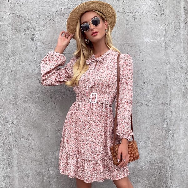 

Ditsy Floral Tie Neck Belted Ruffle Hem Dress, Multicolor