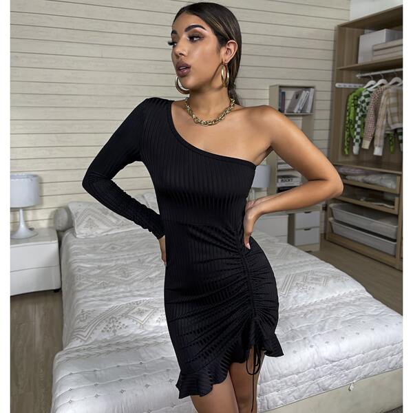 

One Shoulder Drawstring Side Ruffle Hem Dress, Black