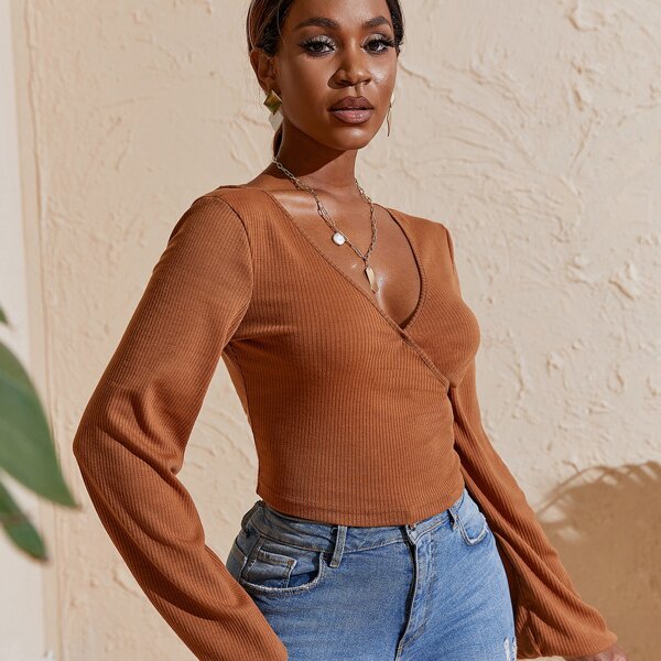 

Топ с рукавами фонариками и вырезом на спине, Коричневые