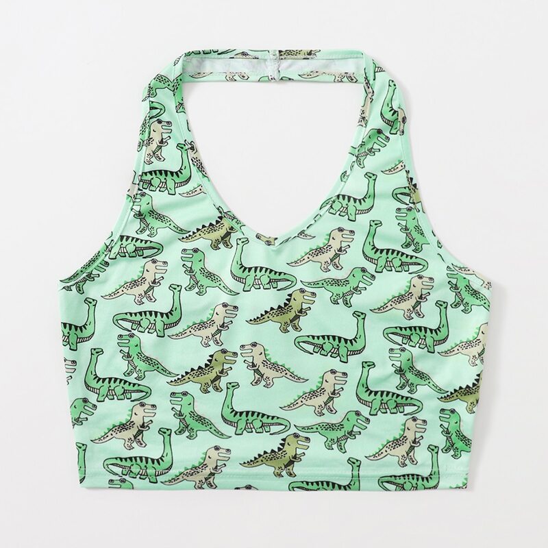 

Cartoon Dinosaur Print Crop Halter Top, Green