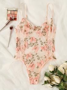 Mono lencería de Body entero tipo body con bordado de mariposa en malla - Rosa Pálido - Ver 5