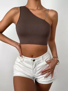 Top corto de cuello asimétrico tejido de canalé - Café integral - Ver 1