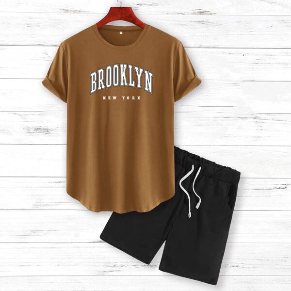 

Men Letter Graphic Tee & Drawstring Shorts, Multicolor