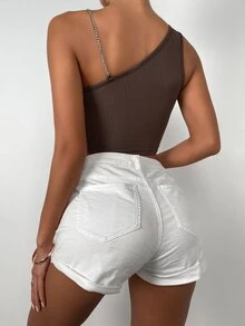 Top corto de cuello asimétrico tejido de canalé - Café integral - Ver 2