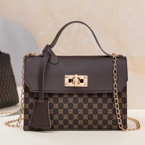 

Toggle Lock Chain Satchel Bag, Brown