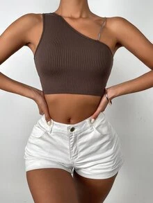 Top corto de cuello asimétrico tejido de canalé - Café integral - Ver 3