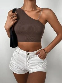 Top corto de cuello asimétrico tejido de canalé - Café integral - Ver 4