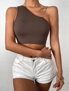 Top corto de cuello asimétrico tejido de canalé - Café integral - Ver 5