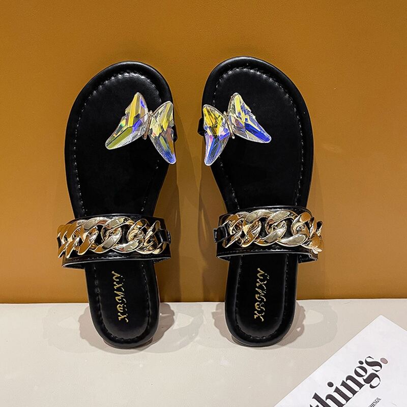 

Chain & Butterfly Decor Toe Loop Thong Sandals, Black