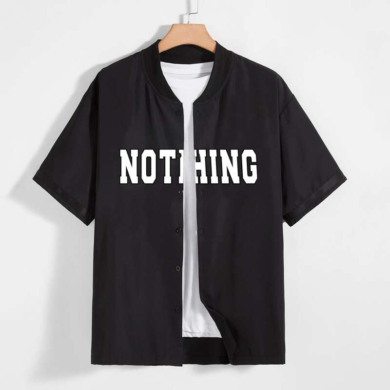 

Guys 1pc Letter Graphic Baseball Collar Shirt, Black