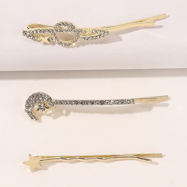 

3pcs Rhinestone Moon Decor Hair Clip, Multicolor
