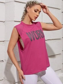 SHEIN Sports Letter Graphic Mesh Panel Sports Tank Top - Hot Pink - View 3