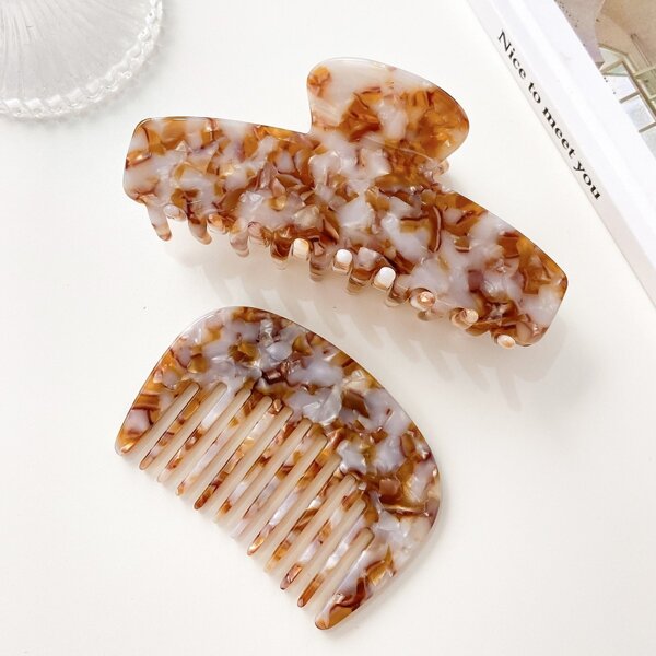 

1pc Acetic Acid Hair Claw & 1pc Hair Comb, Coffee brown