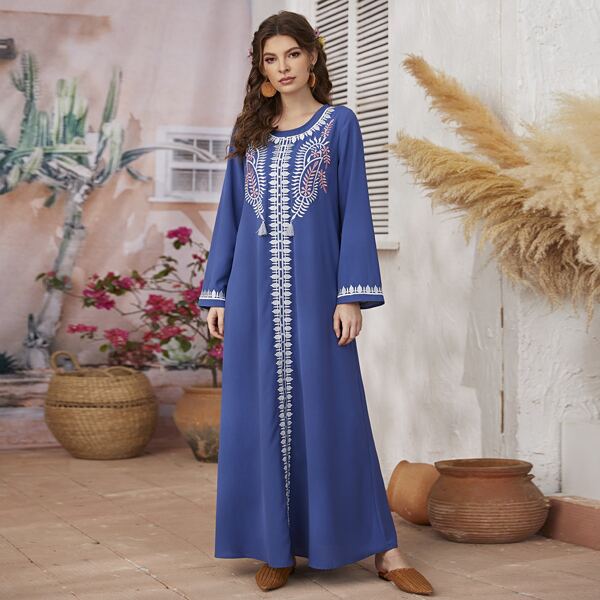 

Flower Embroidery Tassel Detail Kaftan, Blue