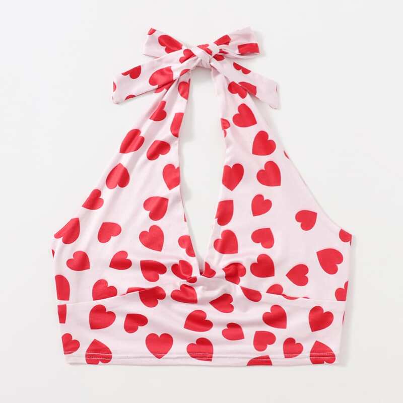 

Heart Print Crop Halter Top, Pink