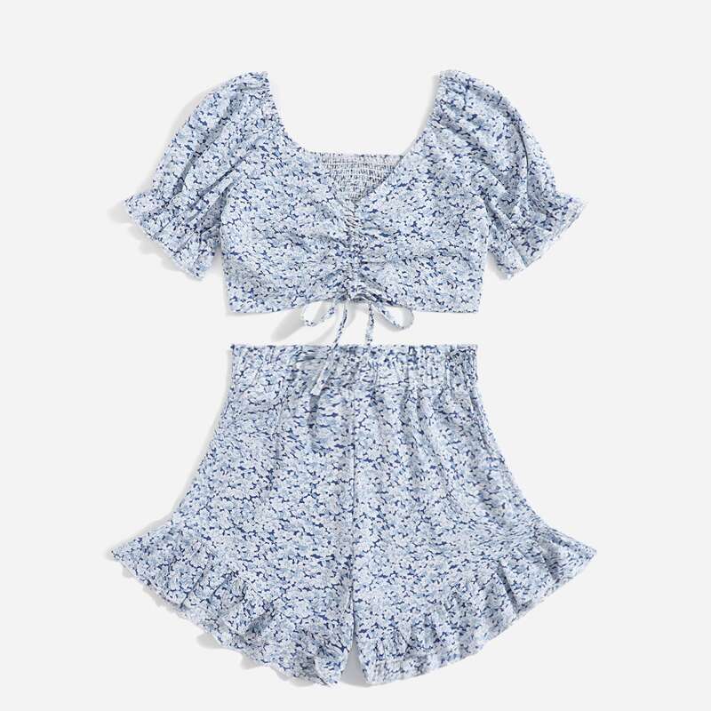 

Ditsy Floral Drawstring Puff Sleeve Shirred Crop Top & Frill Trim Skirt Set, Blue