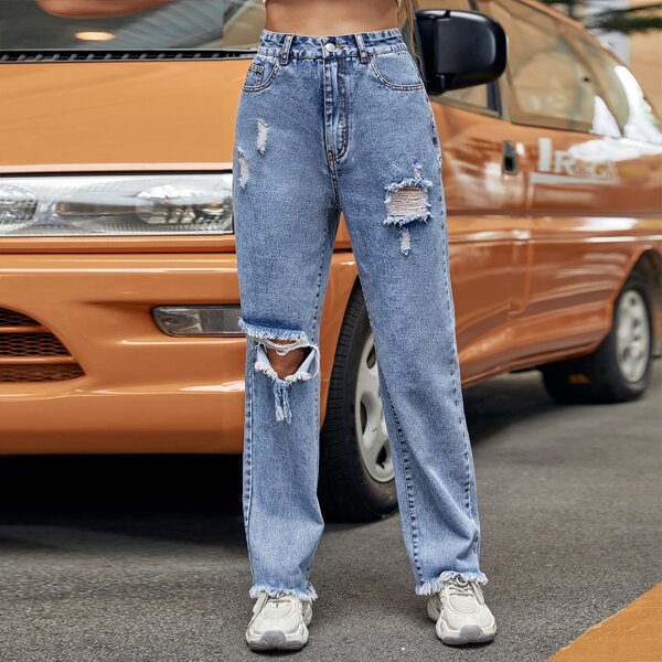 

Ripped Raw Hem Straight Leg Jeans, Medium wash