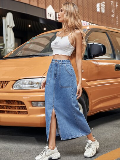 High Waist Split Hem Denim Skirt