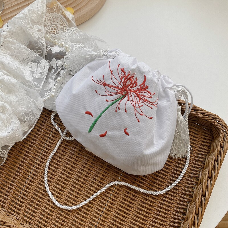 

Flower Embroidered Bucket Bag, White