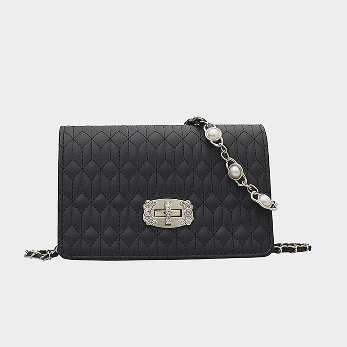 

Rhinestone Decor Turn-lock Crossbody Bag, Black