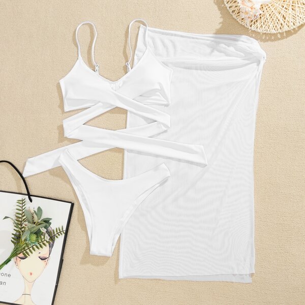 

3pack Twist Wrap Bikini Swimsuit & Beach Skirt, White