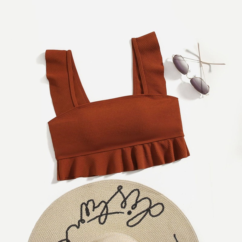 

Solid Ruffle Bikini Top, Brown