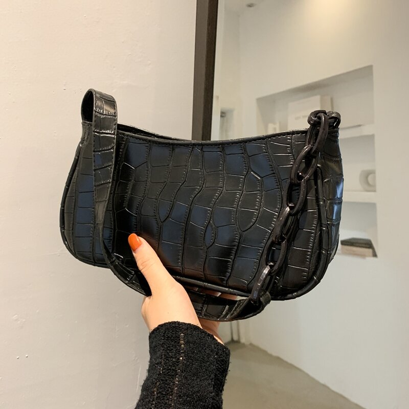 

Croc Embossed Baguette Bag, Black