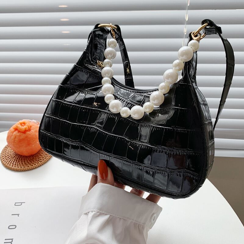 

Faux Pearl Decor Croc Embossed Shoulder Bag, Black