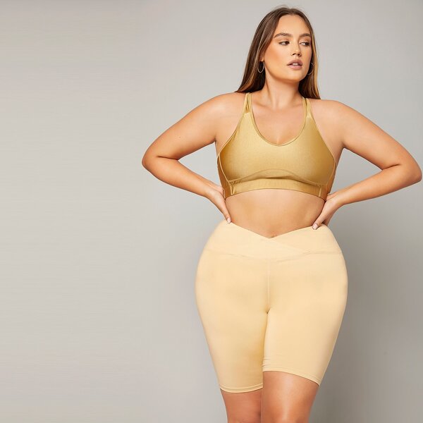 

Plus Medium Support Criss Cross Peekaboo Back Sports Bra, Gold